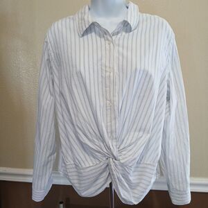 I Am Knot Front Shirt White Blue Stripe Long Sleeve Button Down Collared Top L